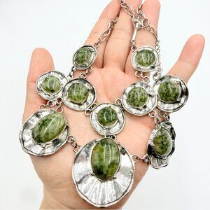 Silver Tone Green Stone Statement Necklace Boho Bib Style